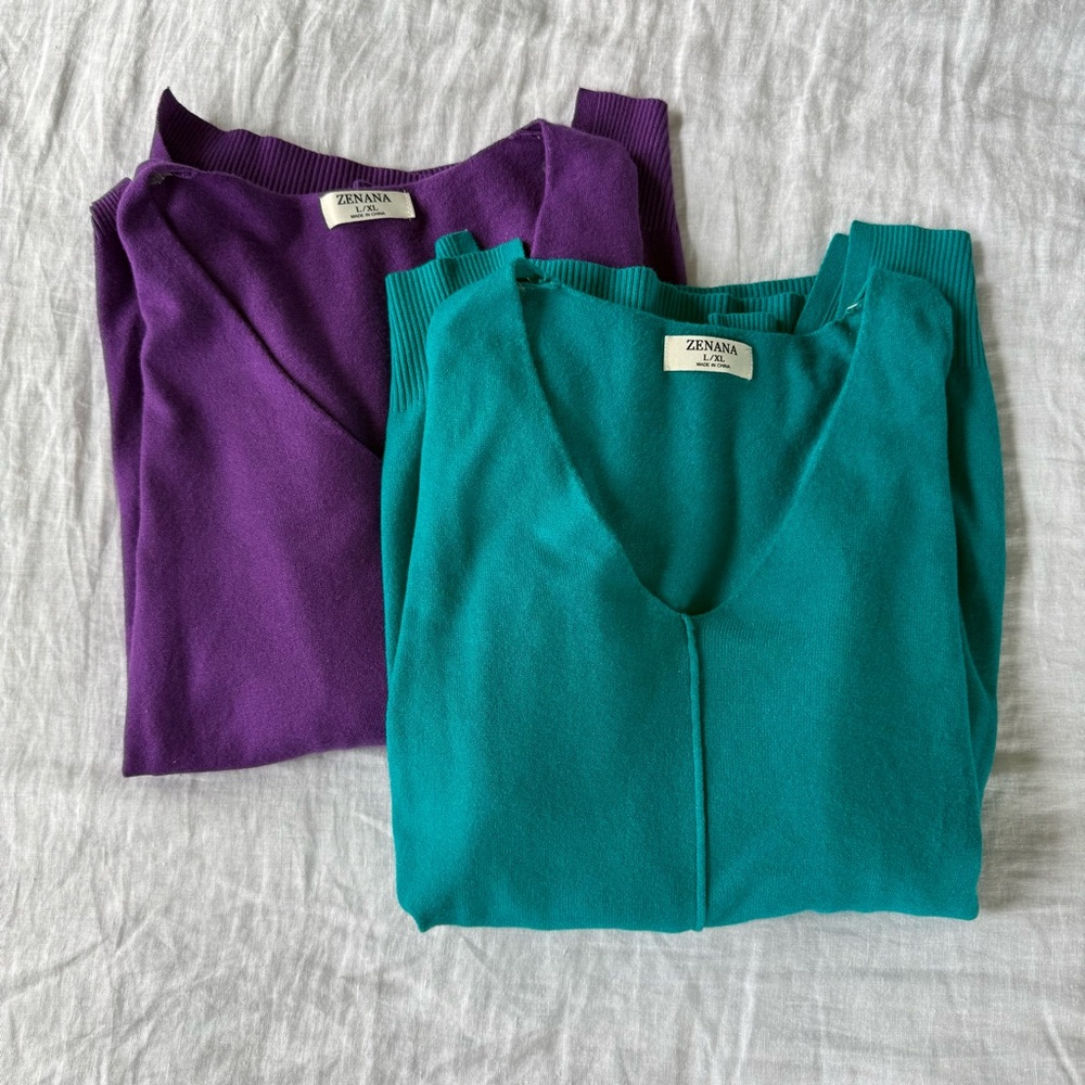 Zenana Knit Pullover Sweater Bundle 1 Purple 1 Teal V-Neck Long Sleeve L/XL